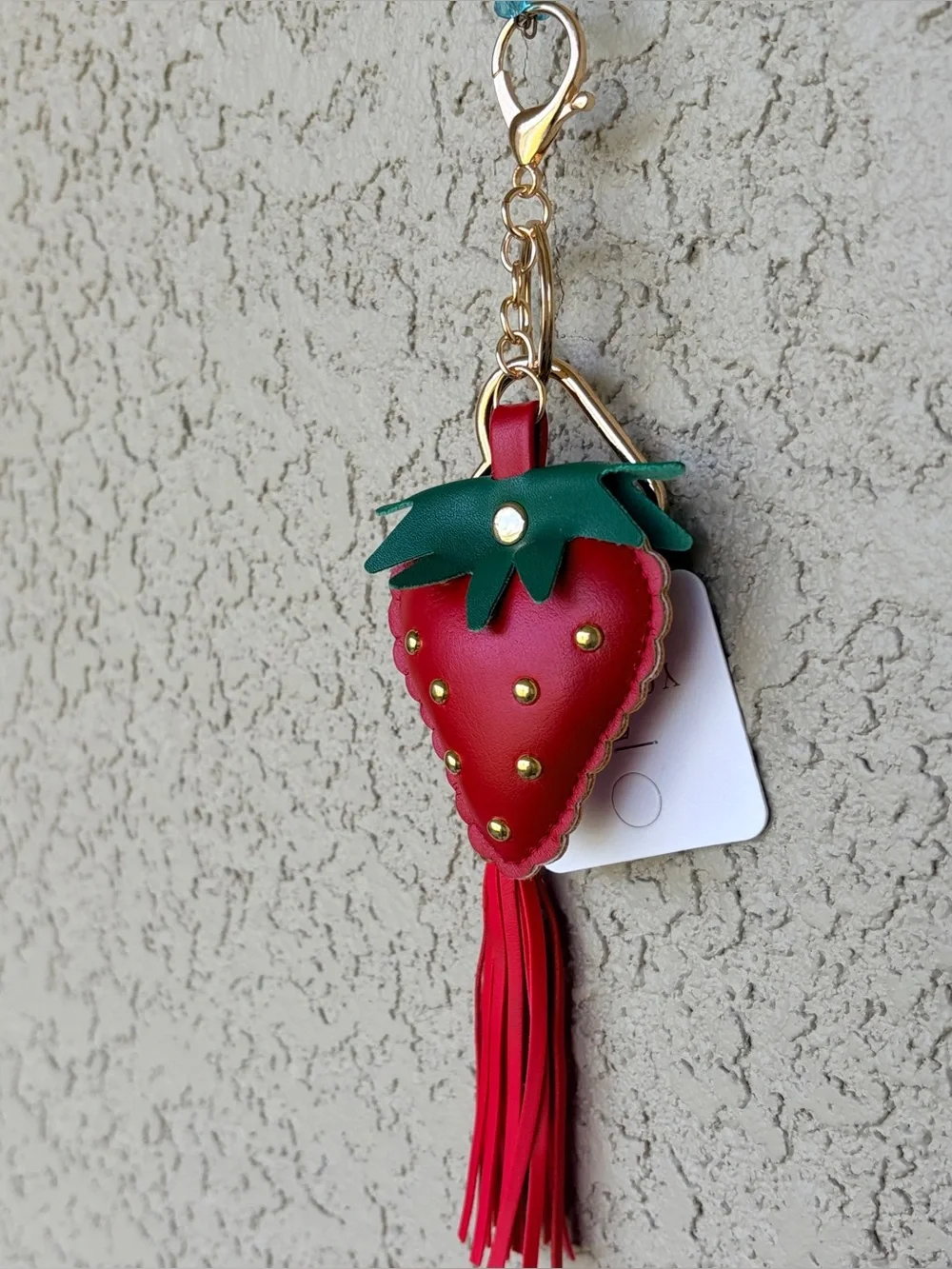 Studded Strawberry Tassel Keychain - Red & Green